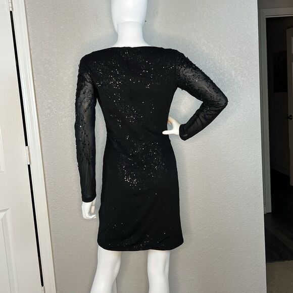 Belle Badgley Mischka Size 4 Dress Sequin Mesh Cowl Neck Black Gothic Glam - Picture 4 of 11